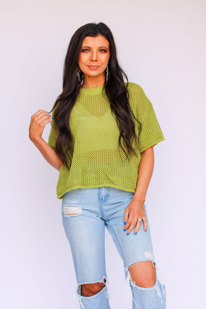 Open Knit Top-Pale Olive