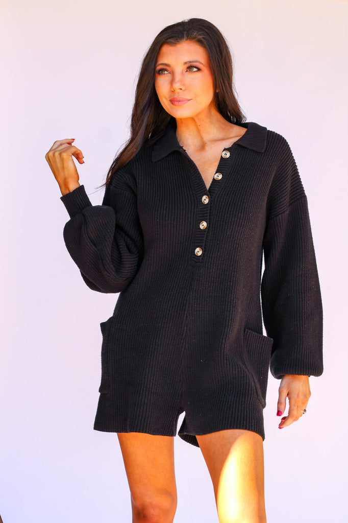 Oversized Sweater Romper-Black